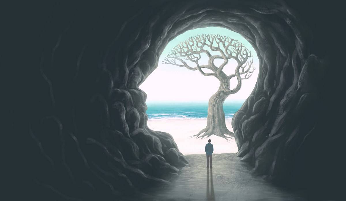The shape of a human head with a tree and ocean through it with a person standing in the middle