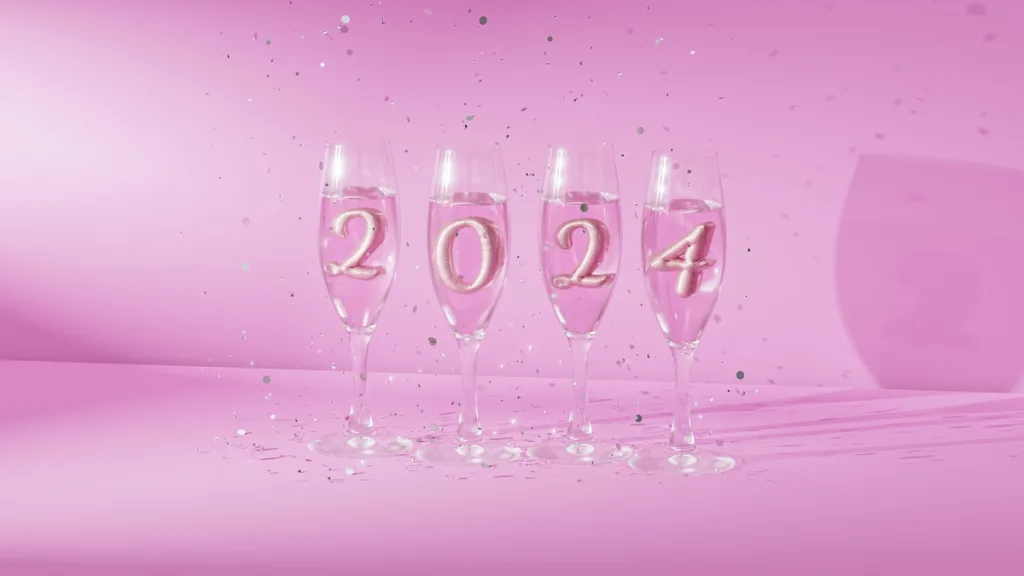 a pink background with champagne glasses spelling out 2024