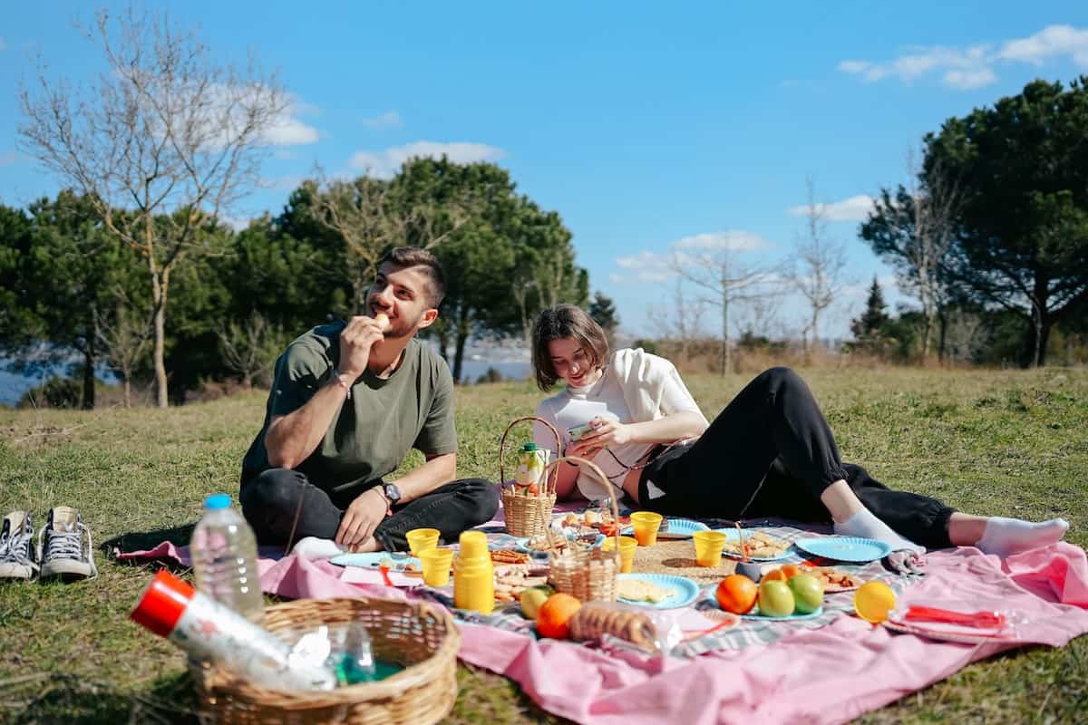 A couple eating a picnic outside on a picnic blanket