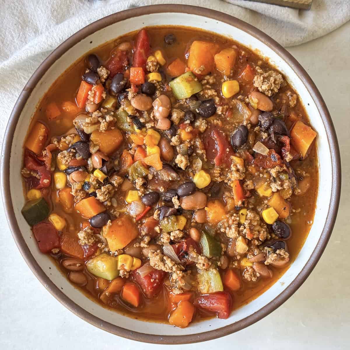 overhead view of turkey veggie chili.