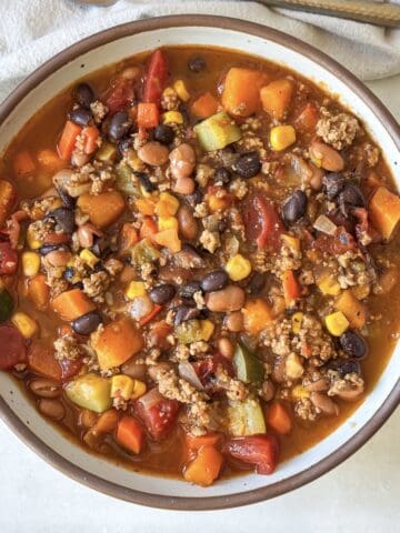 overhead view of turkey veggie chili.