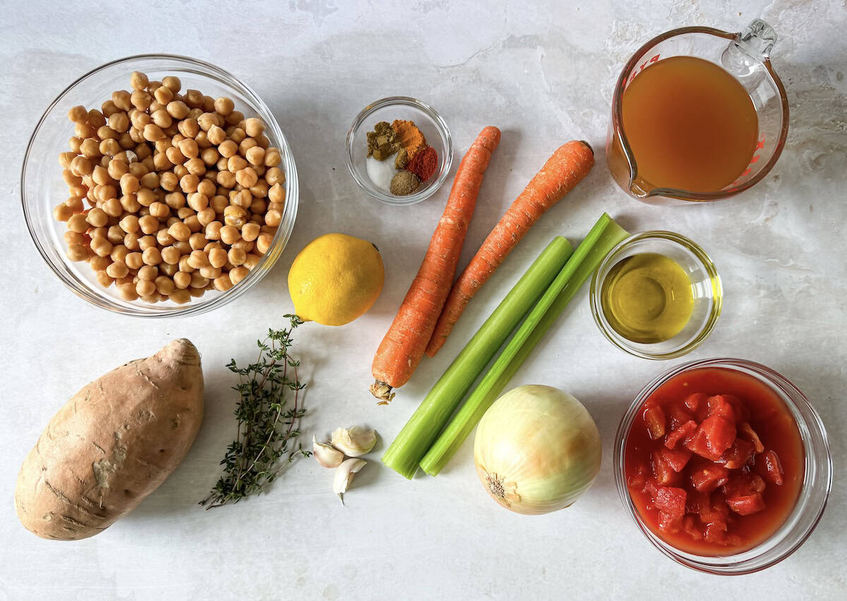 ingredients for chickpea soup on a table.