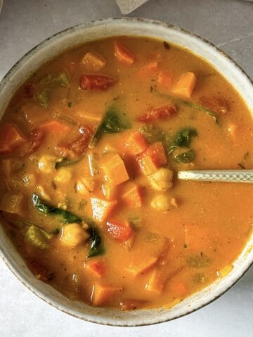 overhead view of chickpea soup.