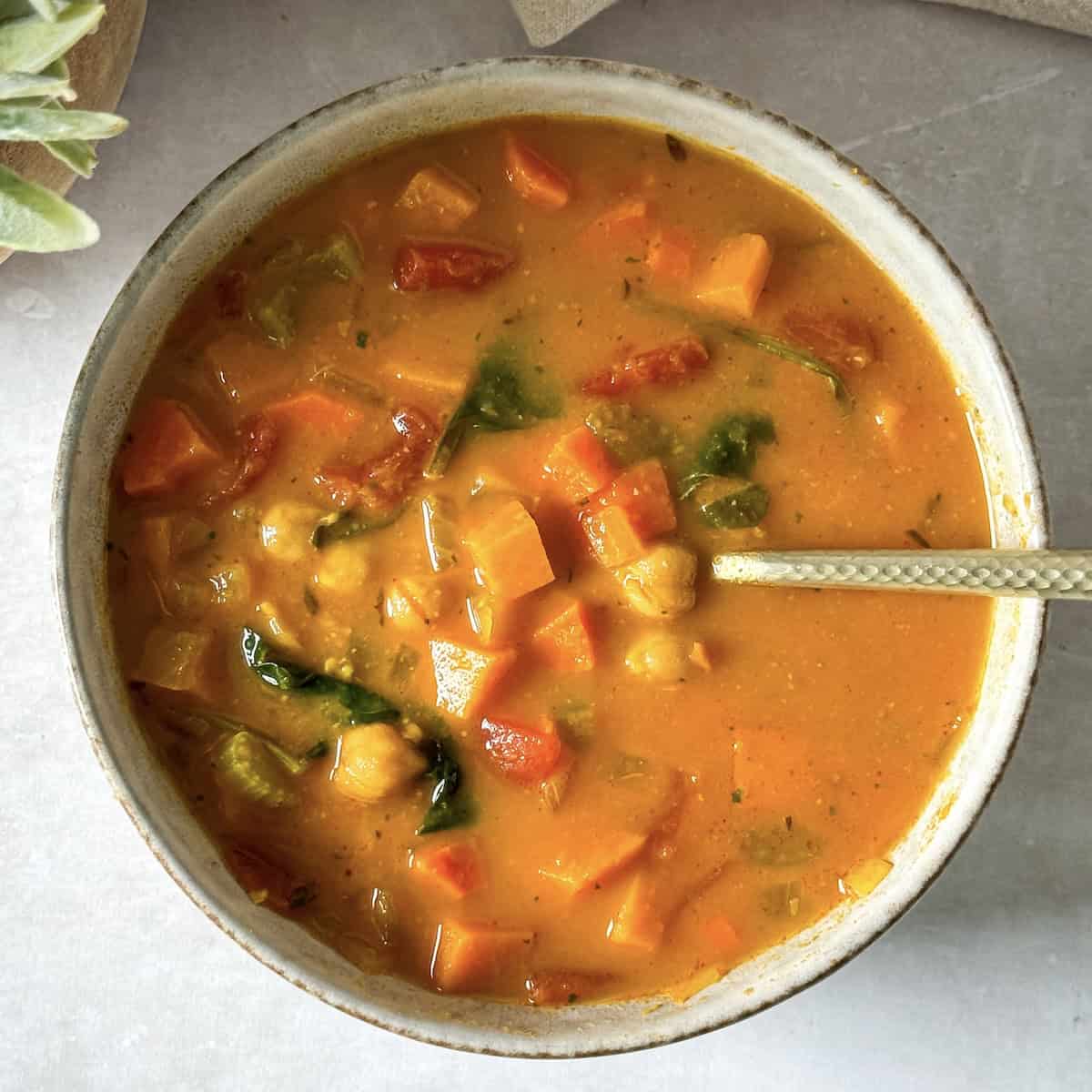 overhead view of chickpea soup.