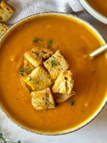 Overhead view of butternut squash soup.