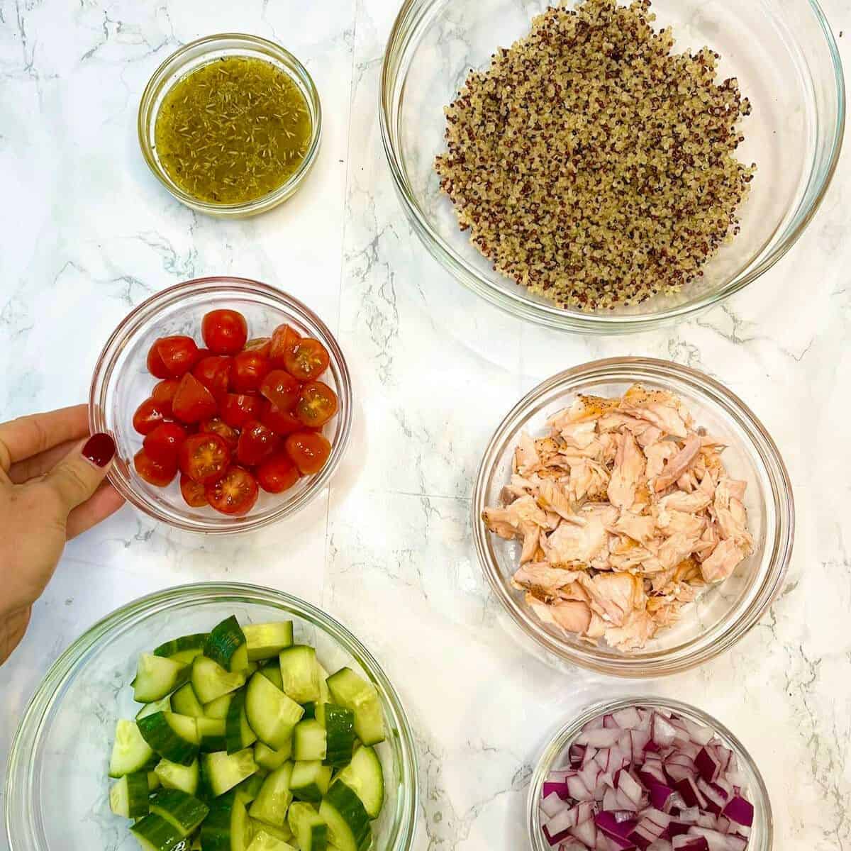 the ingredients for salmon and quinoa salad on a white table including a bowl of salmon, quinoa, cucumber, tomatoes, red onions, and an herb dressing