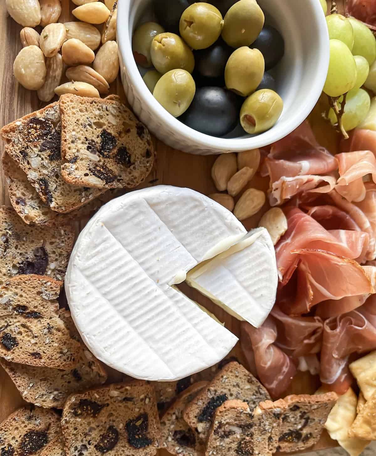 Mediterranean Charcuterie board zoomed in on brie