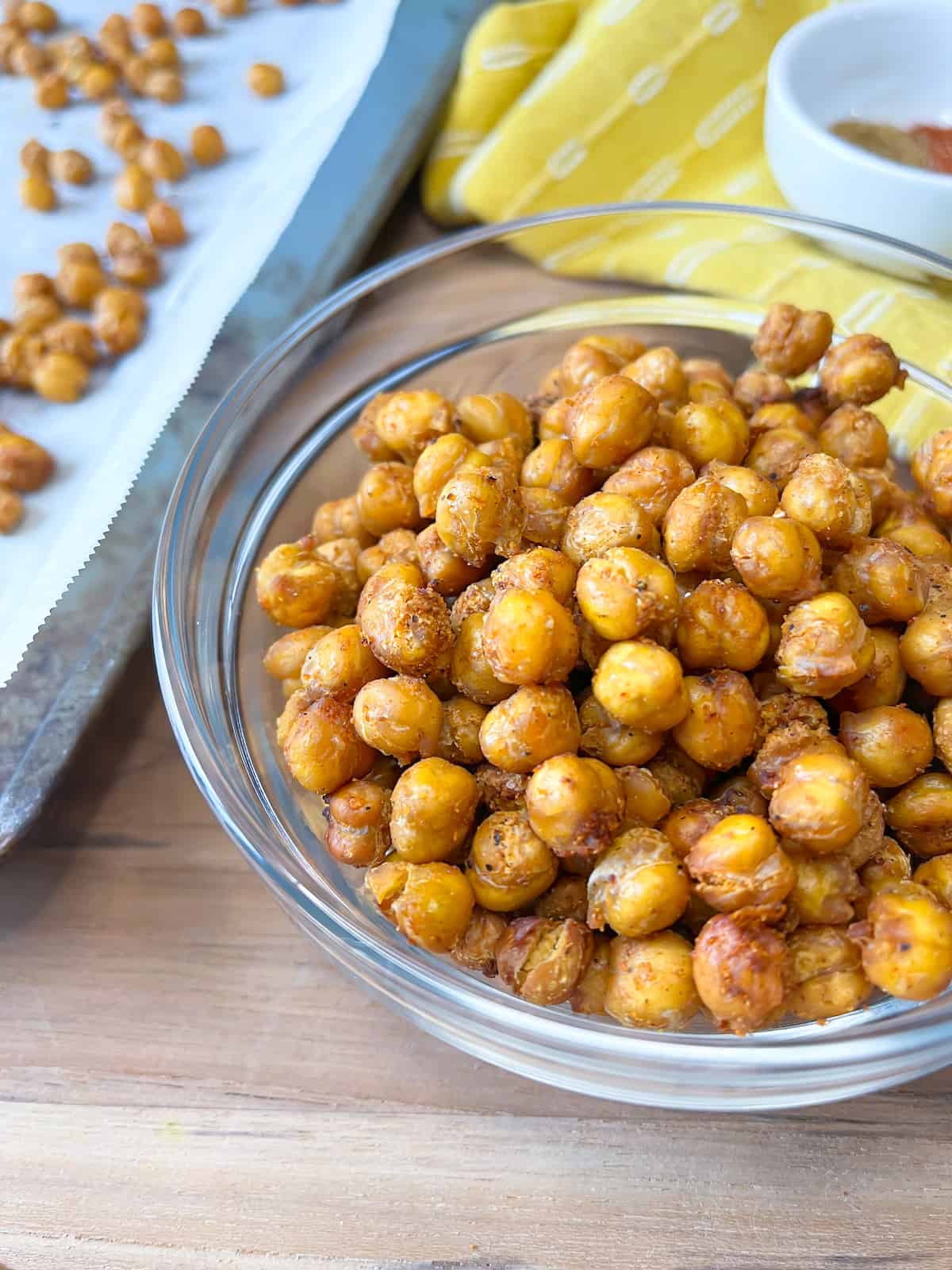 Mediterranean Roasted chickpeas with yellow towel behind