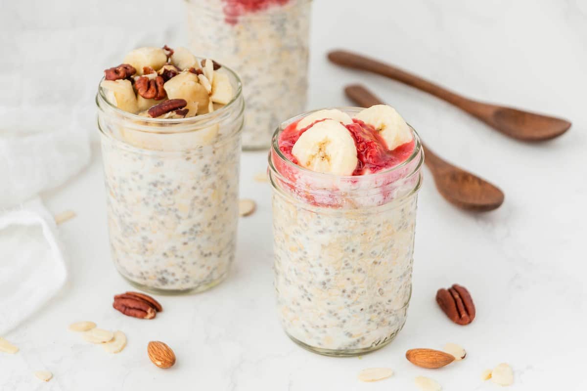 Chia seed in chia pudding with bananas. One of the ways to get the chia seed benefits for skin is eating chia pudding