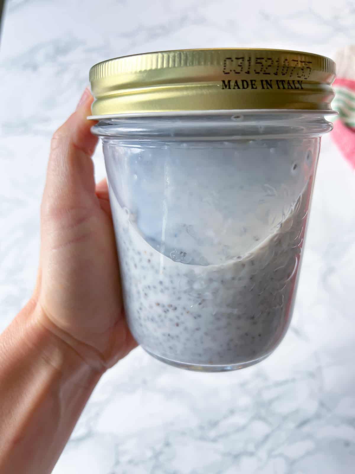 a hand holding a mason jar with chia seed pudding
