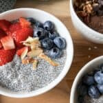 chia seed pudding with strawberries and bluberries and sliced almonds