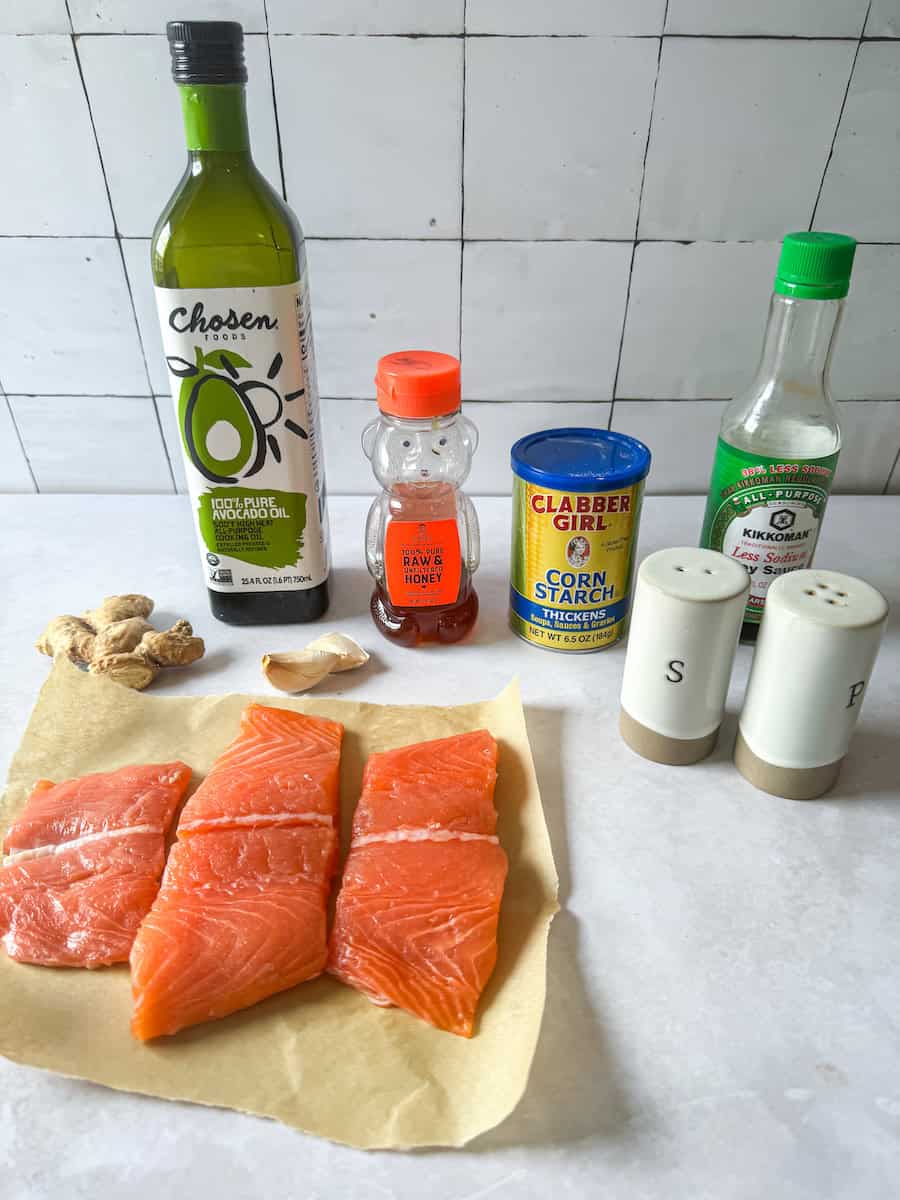 Ingredients used to make air fryer honey garlic salmon bites.