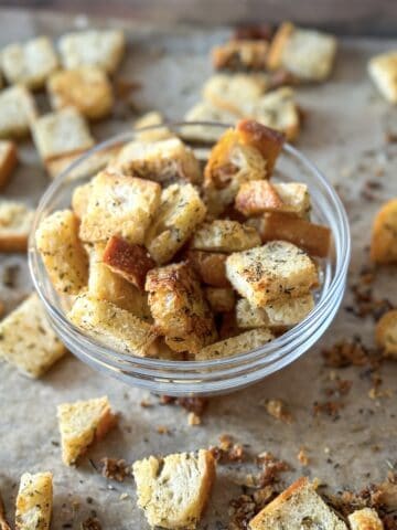 Sourdough Croutons in a glass bowl.