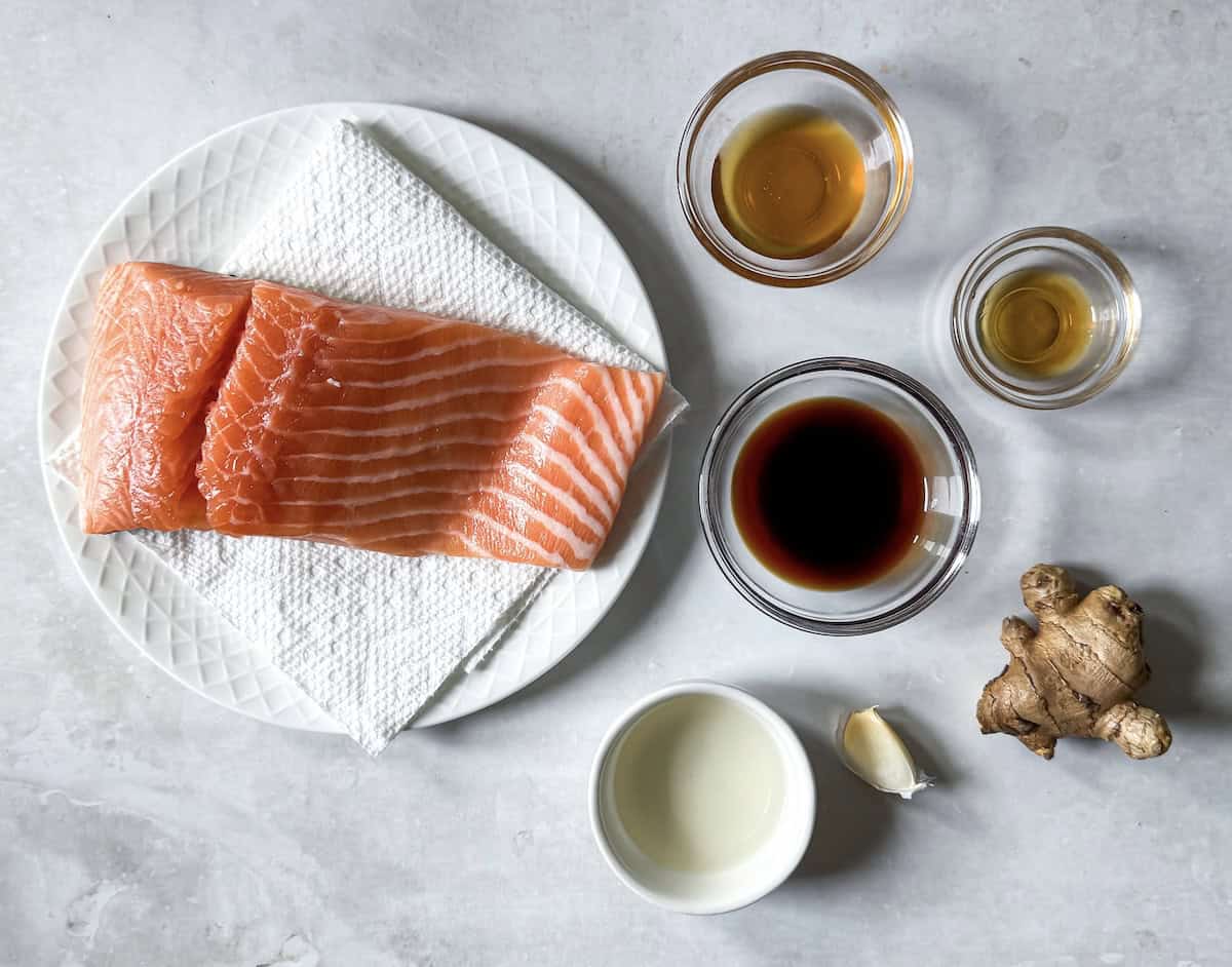 ingredients for air fryer salmon bites on a table.