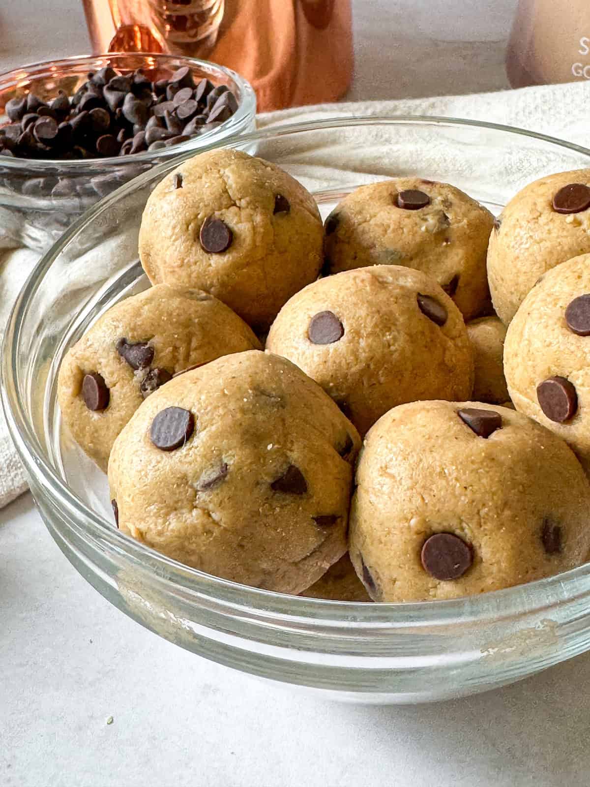 a close up of protein cookie dough balls.