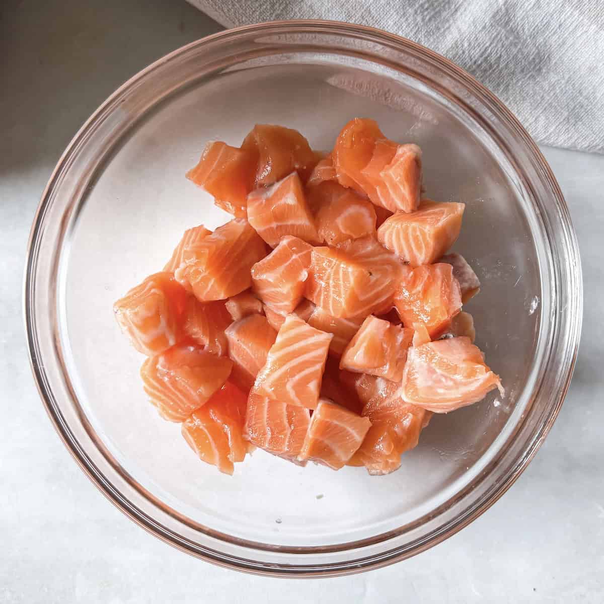 salmon cut into cubes.