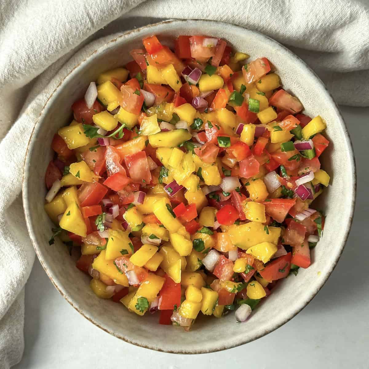 mango pico de gallo final photo overhead view.
