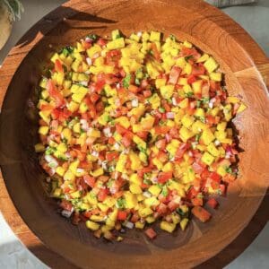 overhead view of mango pico de gallo.