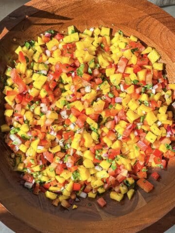 overhead view of mango pico de gallo.