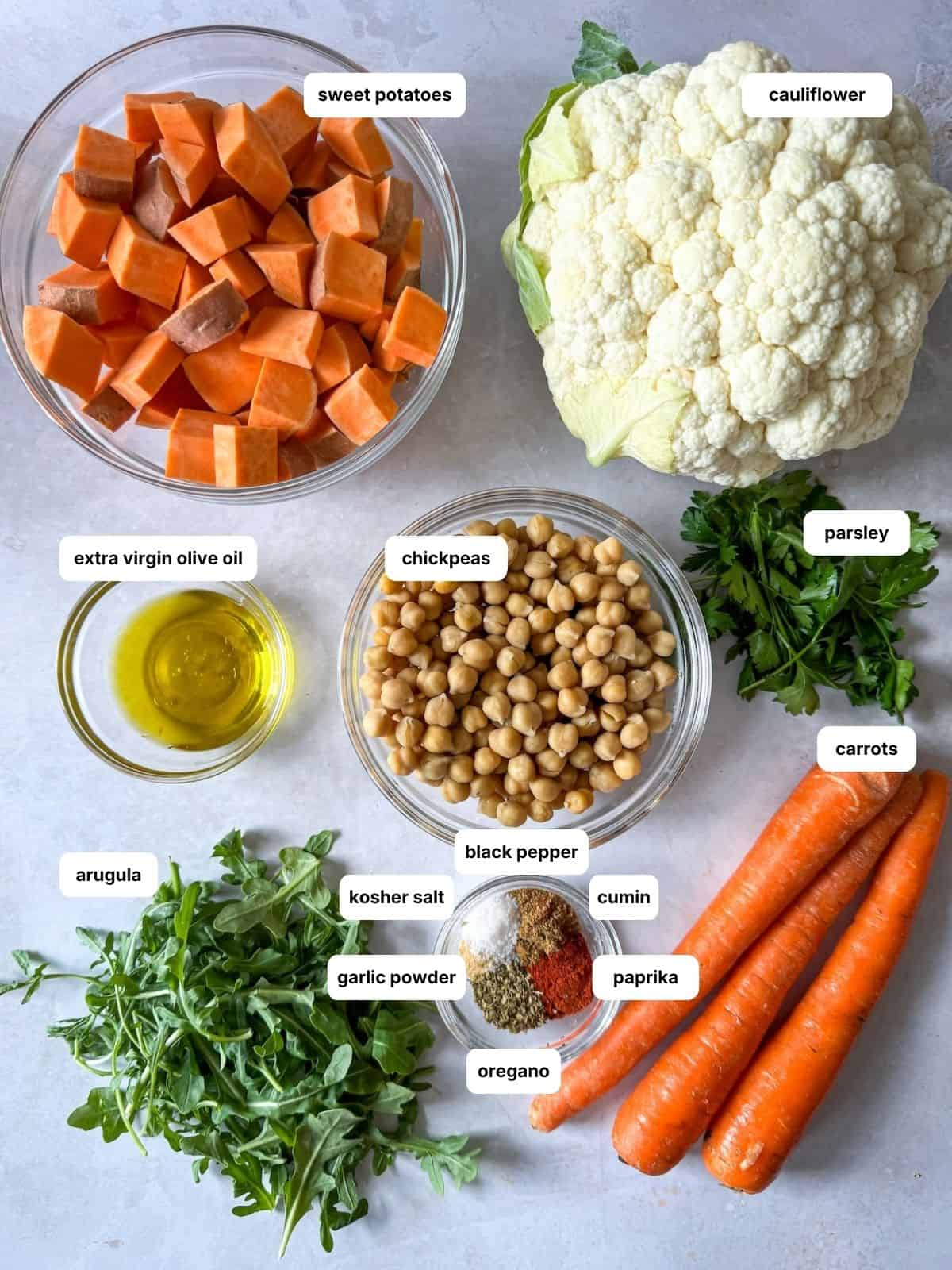 ingredients for a glow bowl on a grayish white background with labels.