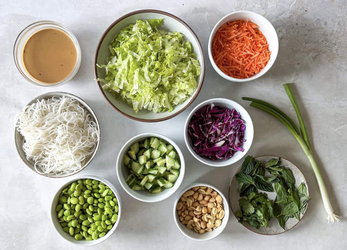ingredients for spring roll in a bowl on a table.