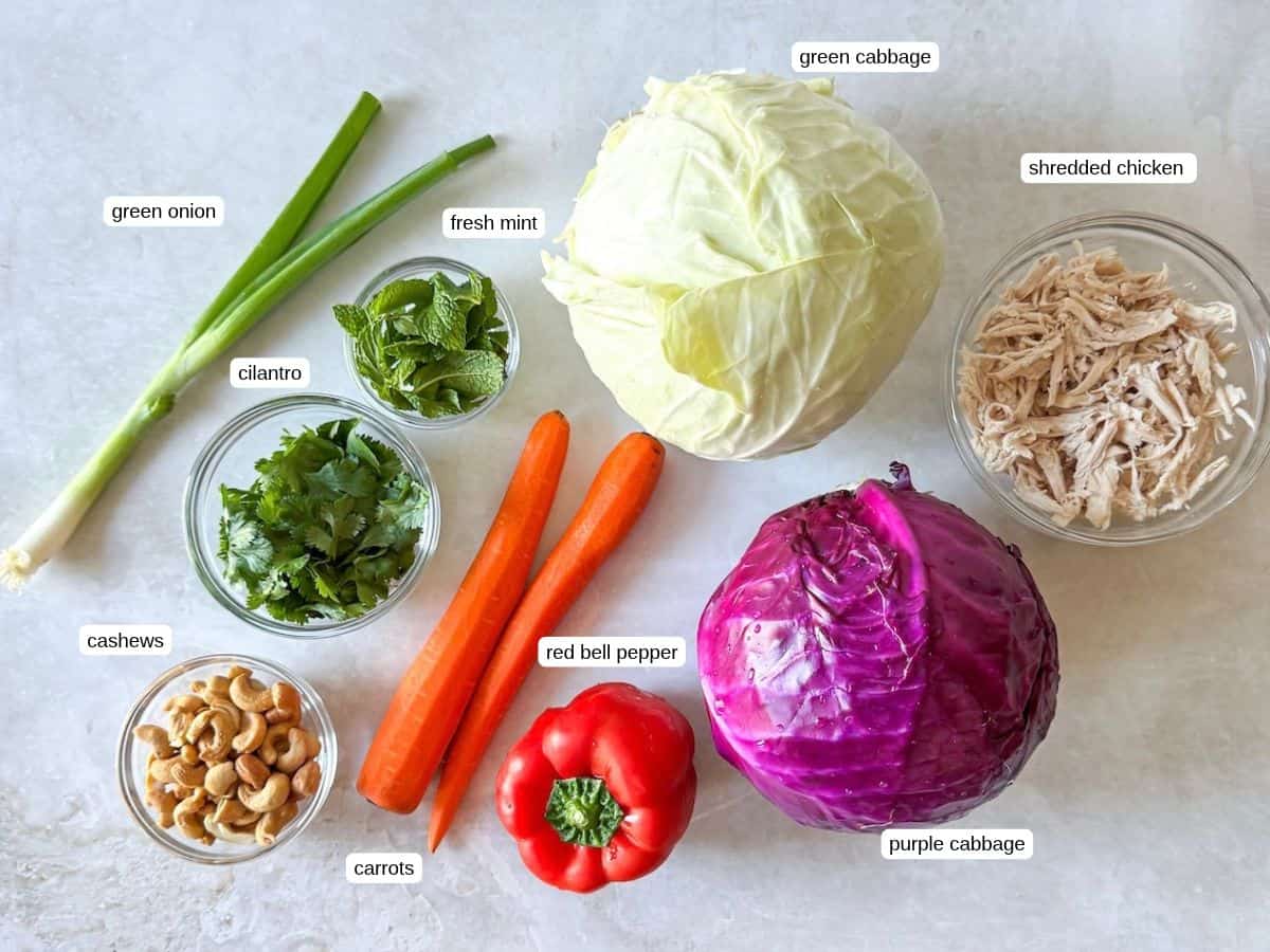 asian crunch salad ingredients labeled on a table.