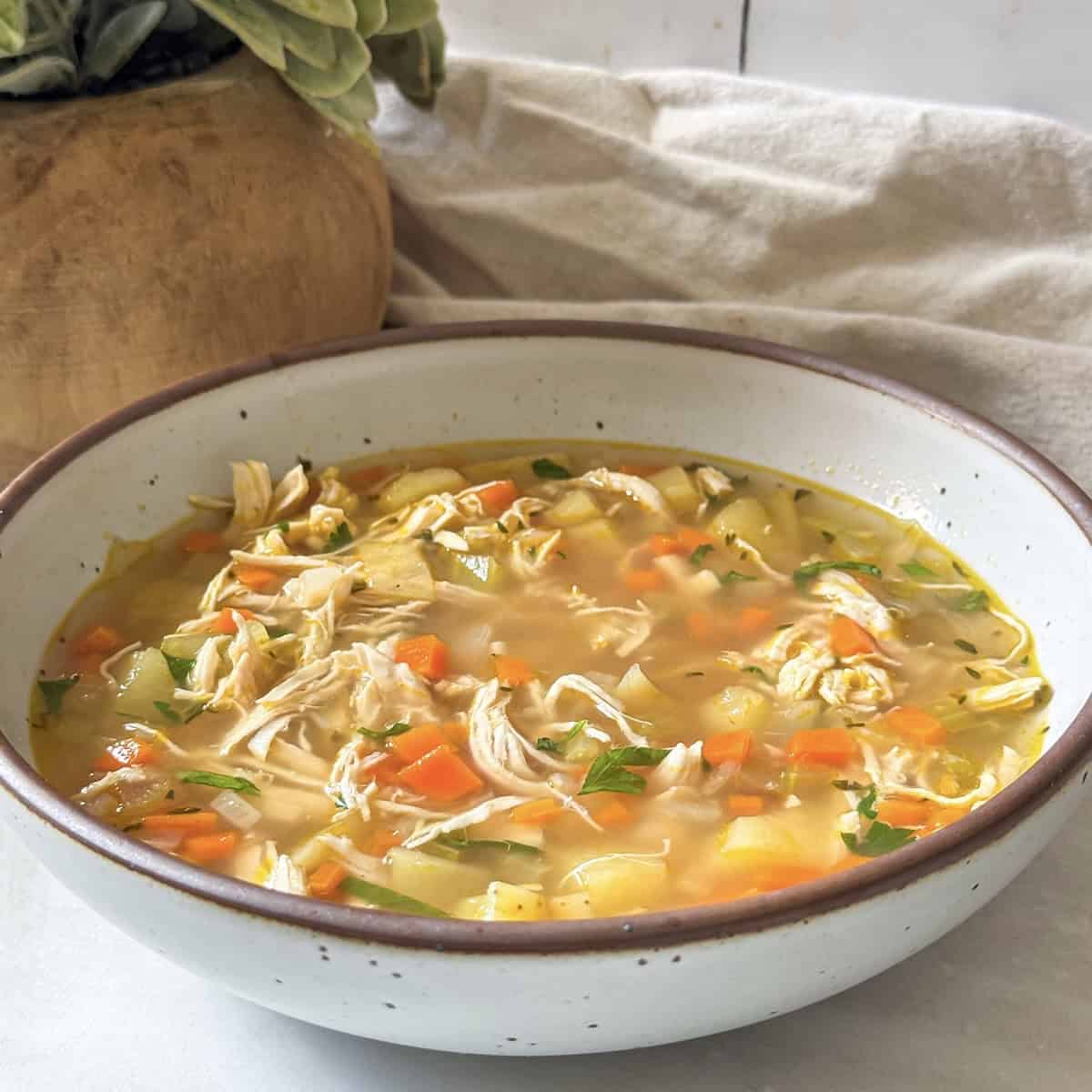 A white bowl with a brown rim with chicken soup no noodles in it.