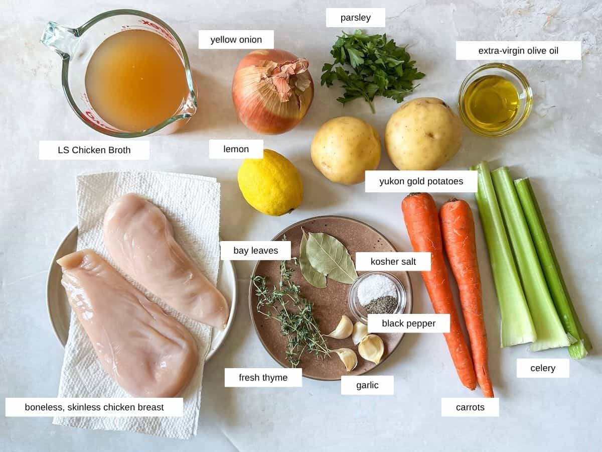 ingredients for chicken soup no noodles in separate containers or as standalones on a table with a grayish white background. labeled