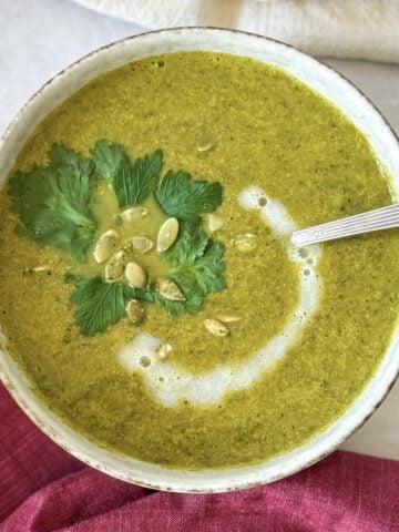 Overhead view of green goddess soup.