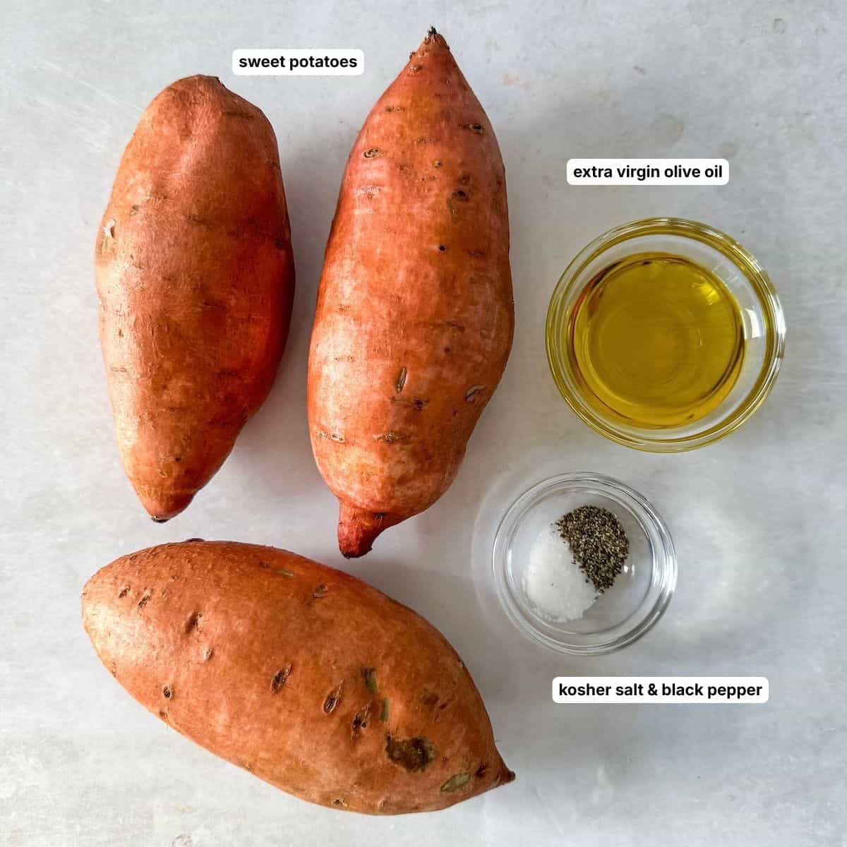sweet potato slices ingredients in separate containers on a table labeled with a grayish white background.