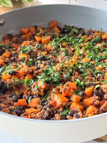 45 degree angle view of sweet potato turkey skillet.