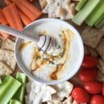 hot honey feta dip in a bowl overhead view.