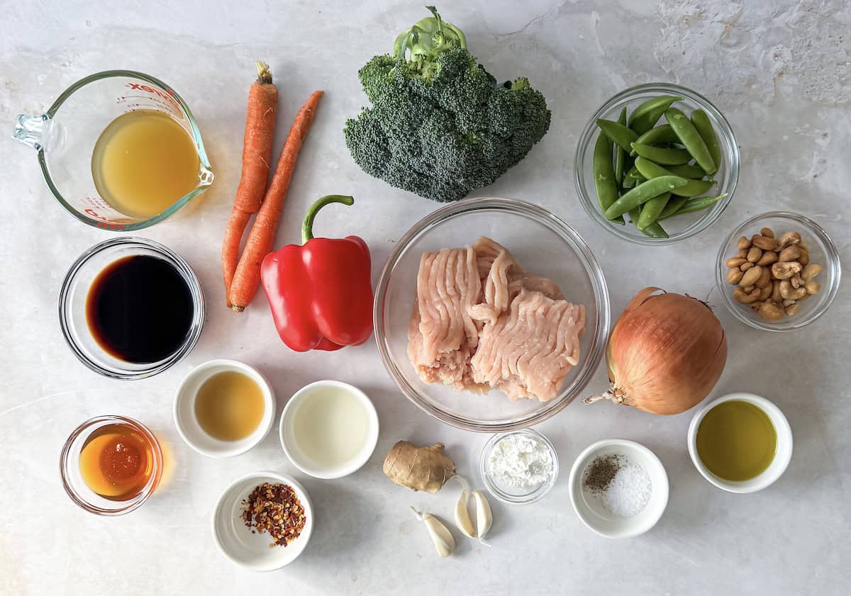 ground chicken stir fry ingredients on a table.