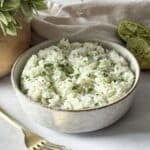 cilantro lime rice in a bowl, side view.