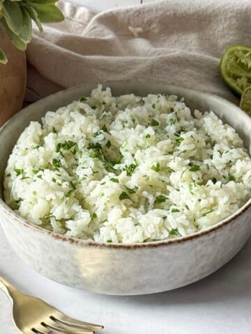 cilantro lime rice in a bowl, side view.