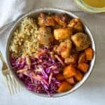 hot honey chicken bowls overhead view.