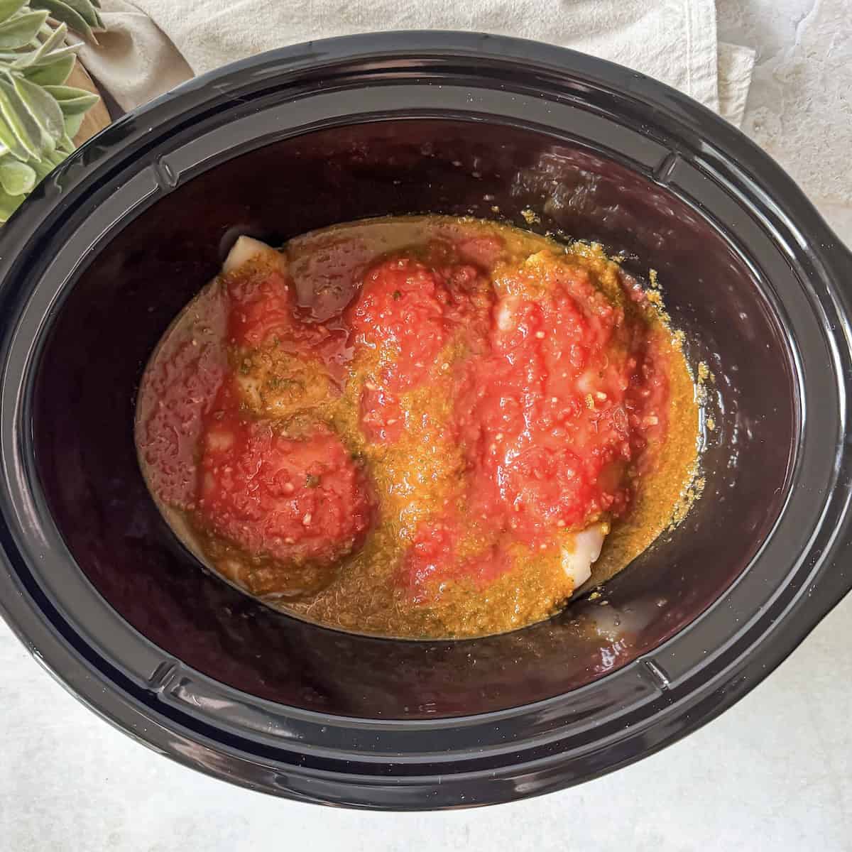 chicken breasts in a crockpot with salsa on top.