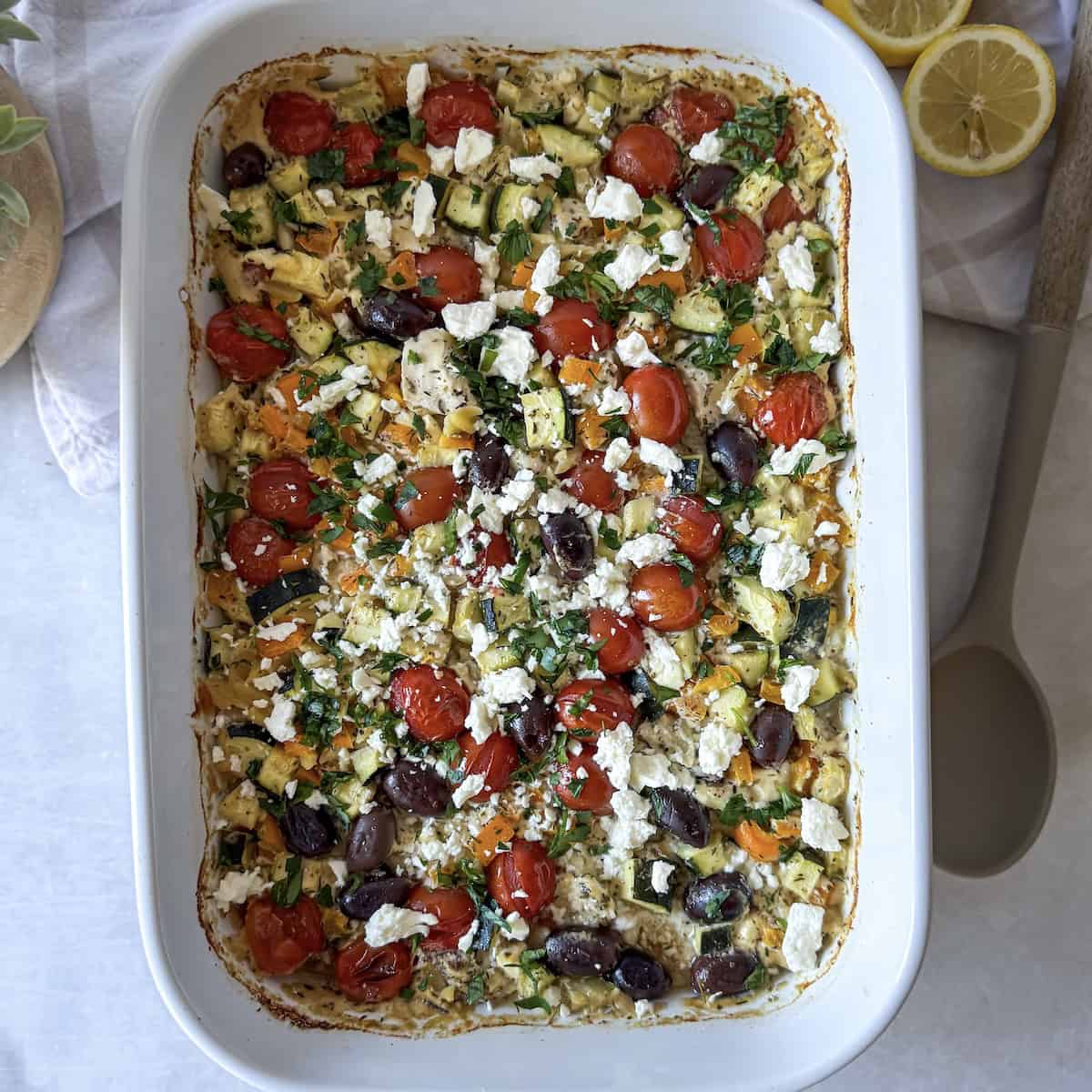 overhead view of Greek lemon chicken orzo bake.