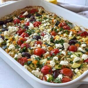 side view of Greek lemon chicken orzo bake.