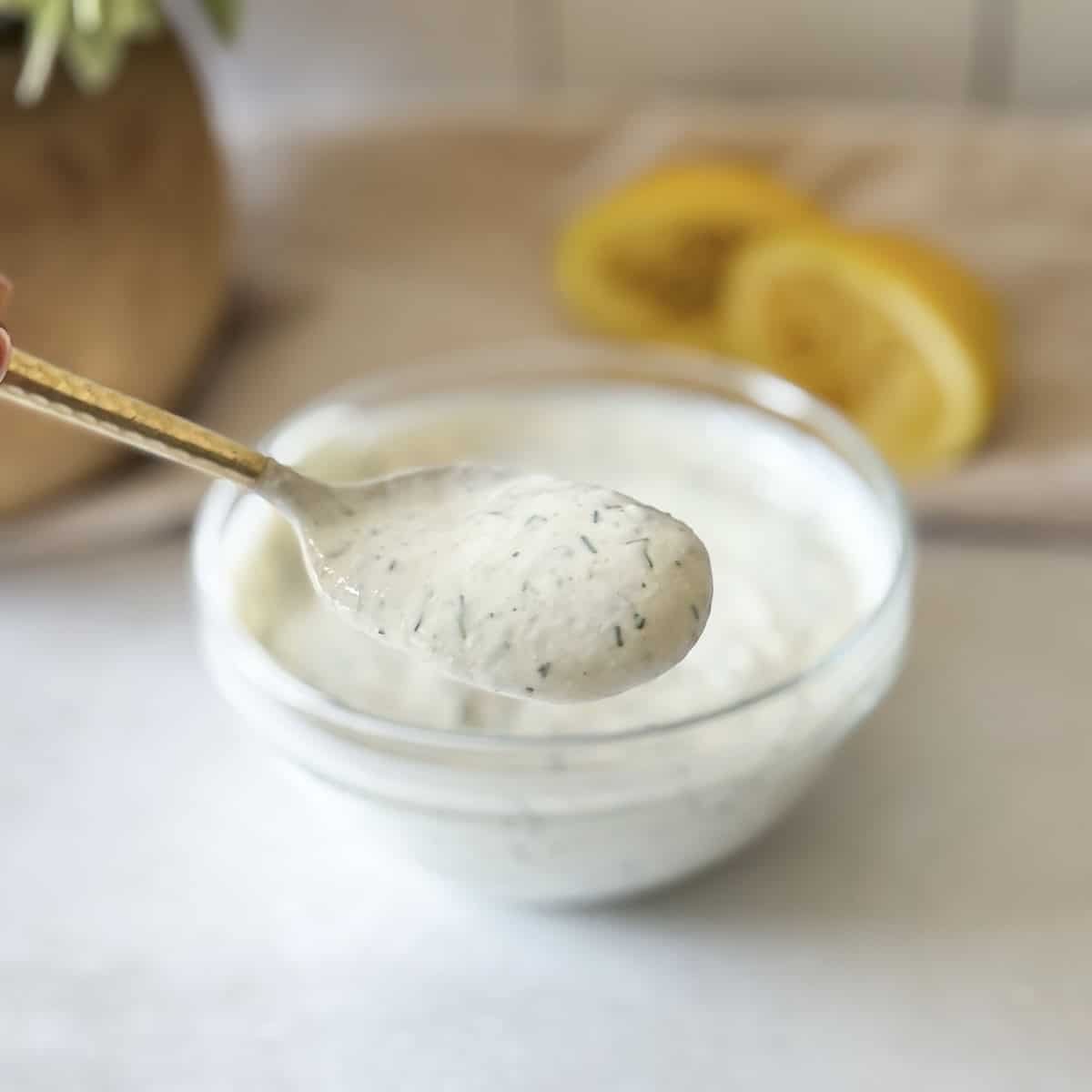 Yogurt Dill Sauce on a Spoon.