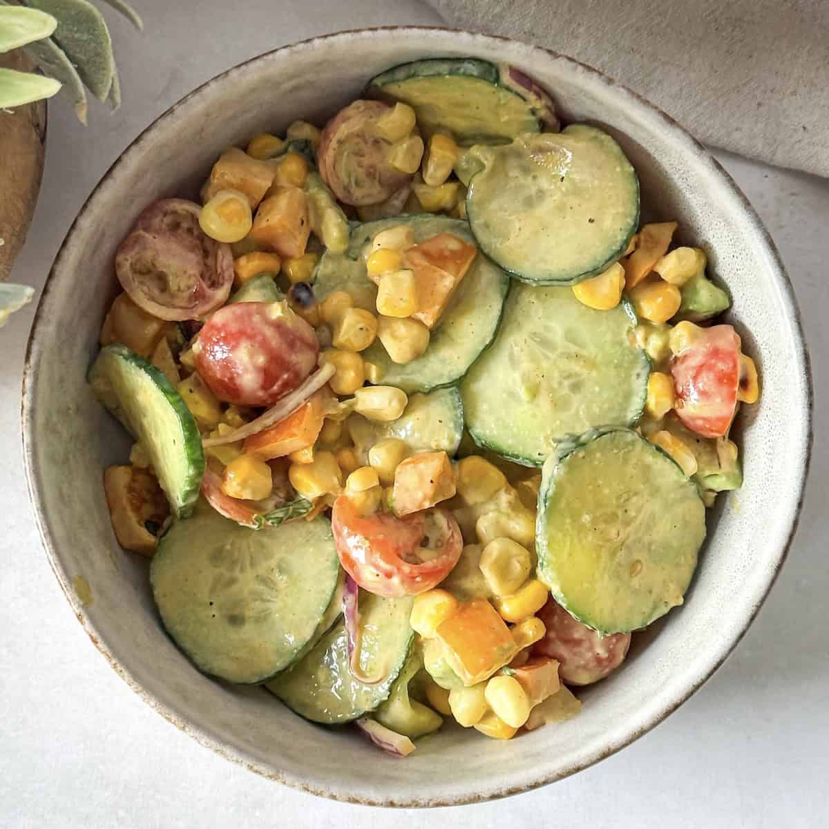 corn cucumber salad overhead view.