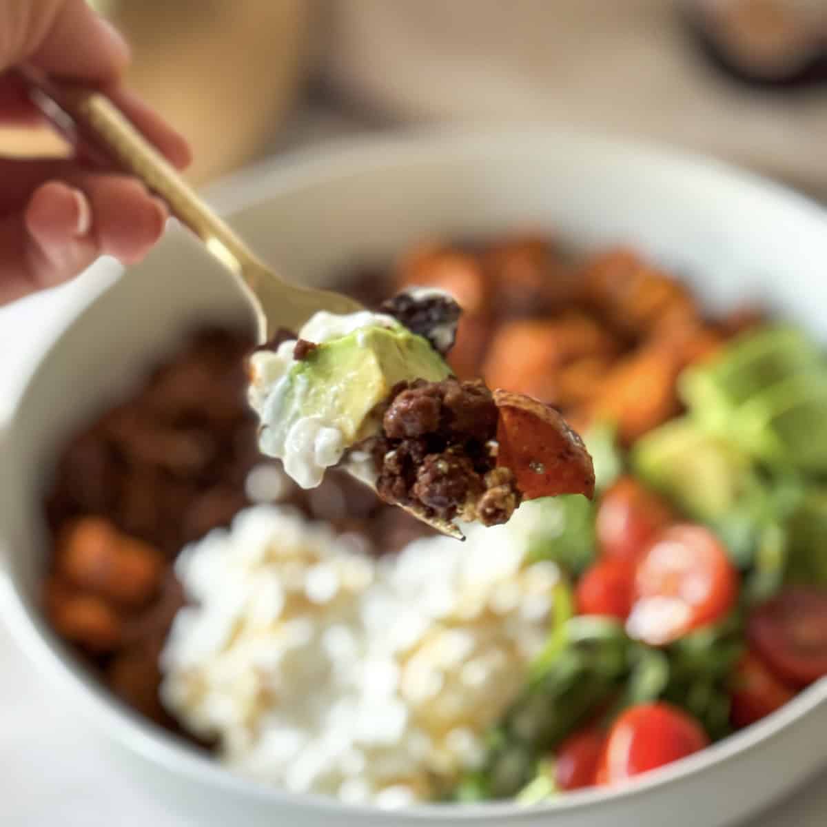 human hand holding a bite of a ground beef bowl.