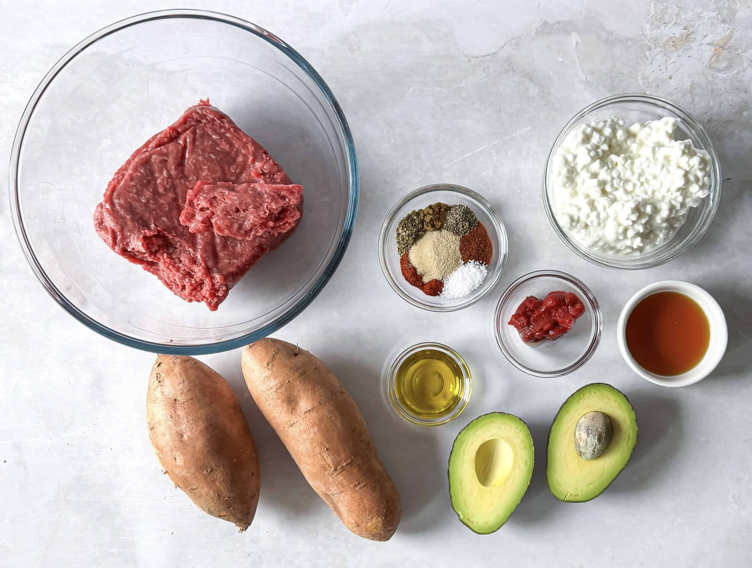 ingredients for hot honey ground beef bowls on a table.