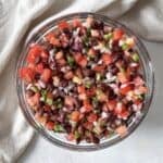 Black Bean Salad no corn overhead view in a glass bowl.