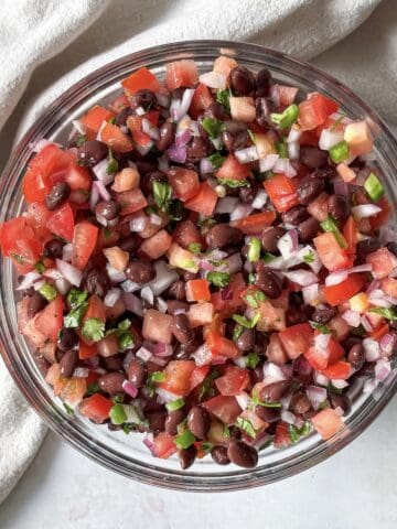 Black Bean Salad no corn overhead view in a glass bowl.