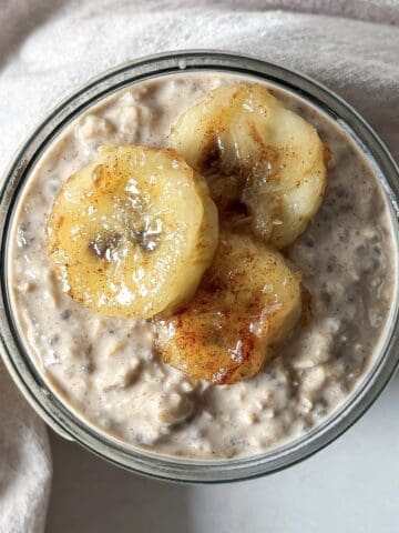 banana cinnamon overnght oats overhead view.