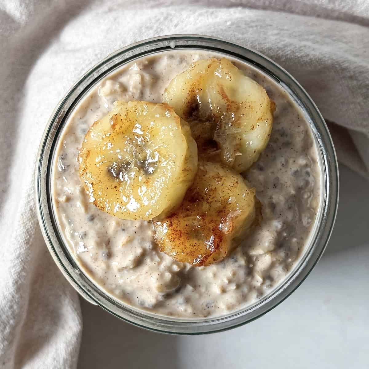 banana cinnamon overnght oats overhead view.