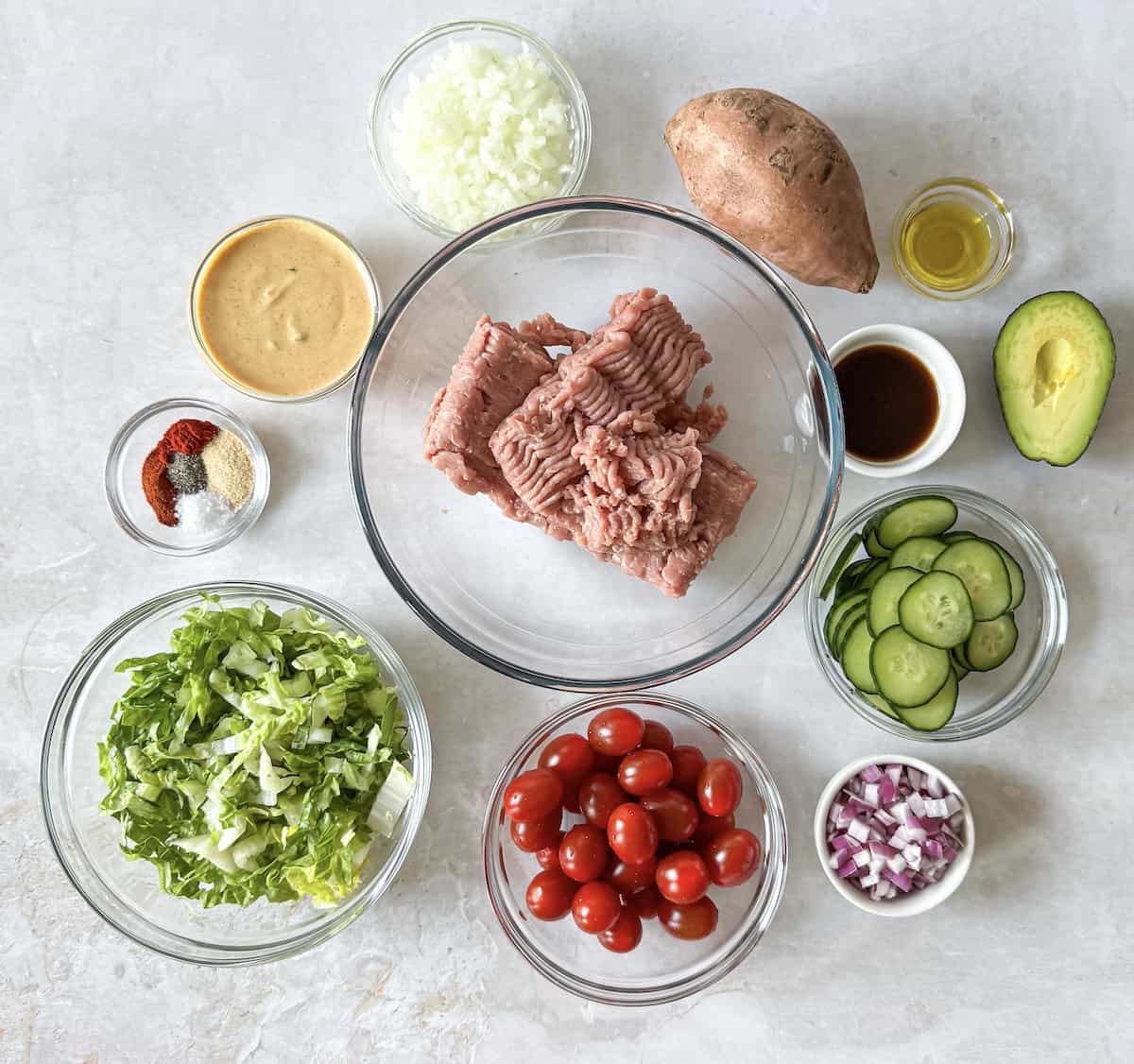 big mac bowl ingredients on a table overhead view.