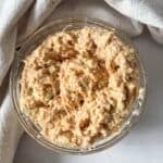 buffalo tuna salad in a glass bowl. overhead view