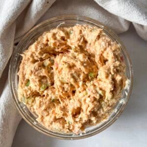buffalo tuna salad in a glass bowl. overhead view